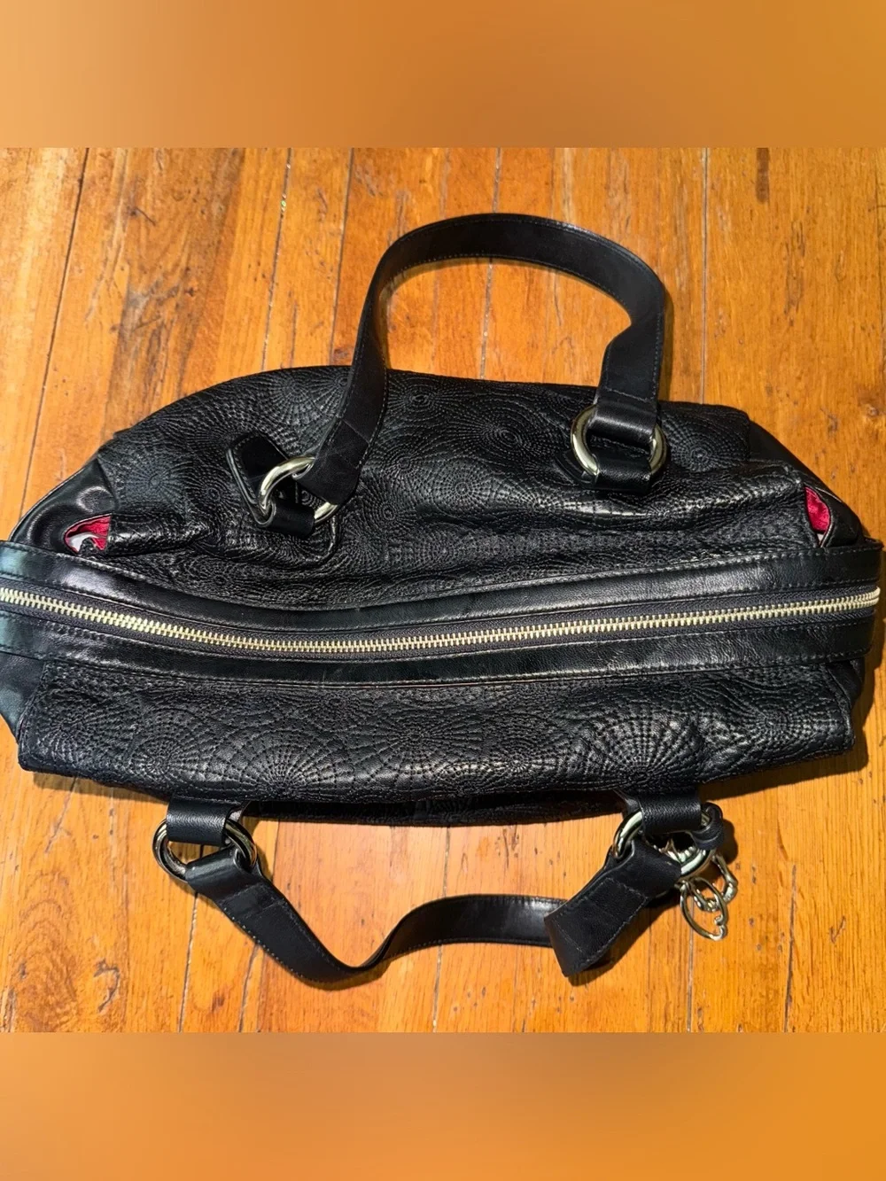 Vintage OSCAR De La RENTA Black Leather Circle Medallion Embossed Medium Satchel